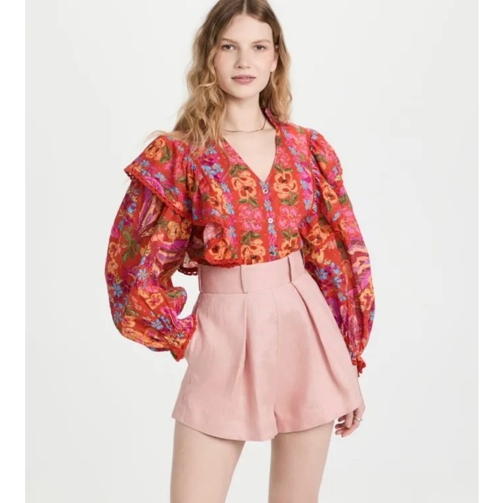 FARM Rio Red Orange Floral Ruffled V-Neck Blouse - Picture 2 of 7